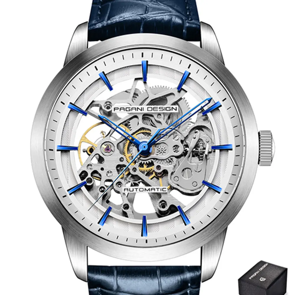 

43mmPagani design Blue pointer Hollow leather wrist watches for men automatic movement luxury mechanical watch