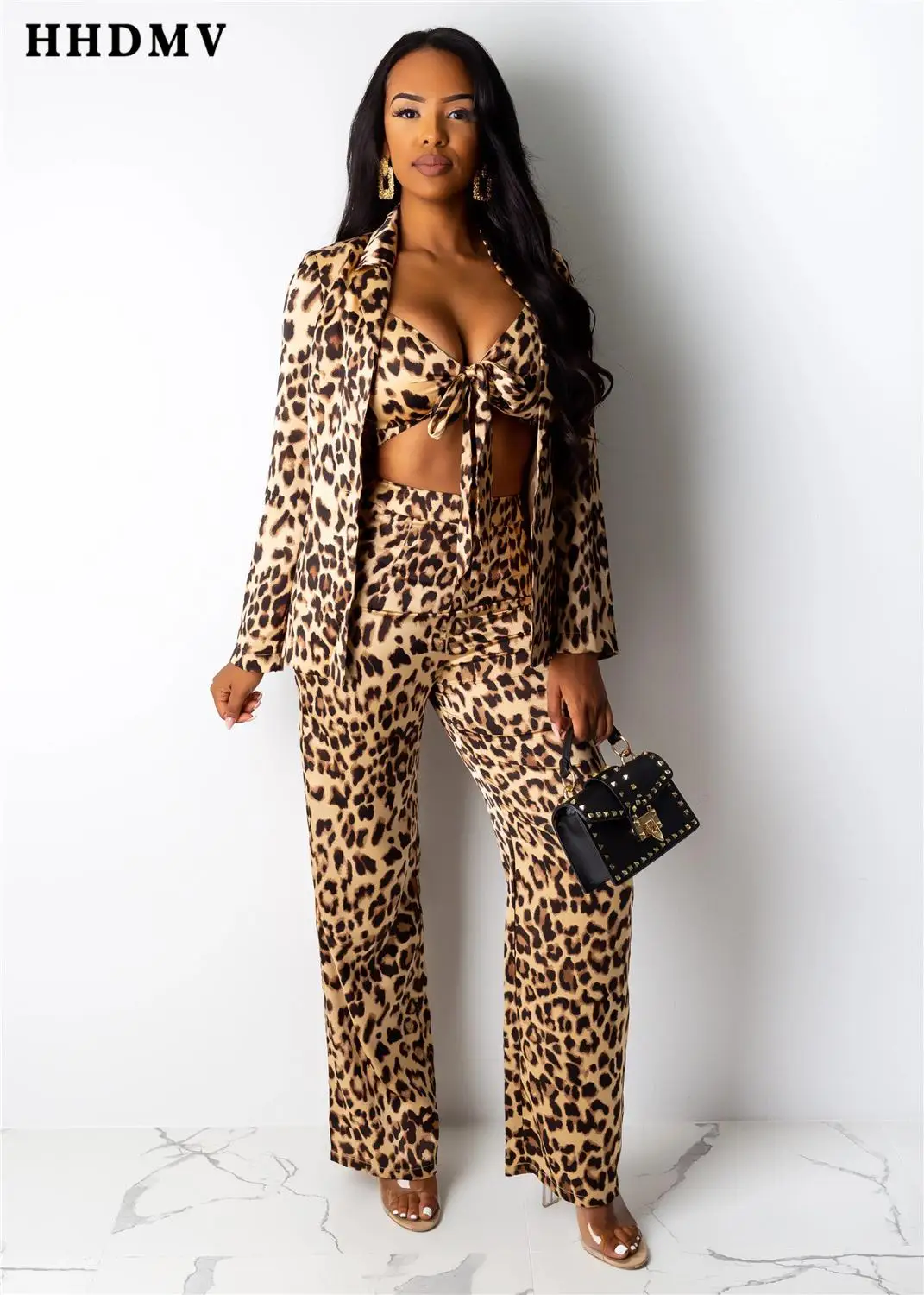 

HHDMV YY5072 sexy high street style sets sleeveless short top elastic long pants long sleeve thin coat leopard grain 3 piece set