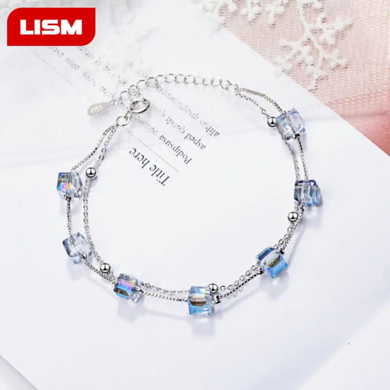 Autentico 100% Real 925 Sterling Silver Crystal Cube Bead Double Link Bracciale Bijoux Gioielli Regalo Per Le Donne
