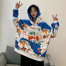 2020 Women Jacket Plus Velvet Graffiti Printed Hooded Loose Tops Hoodies With Hat Fashion Style