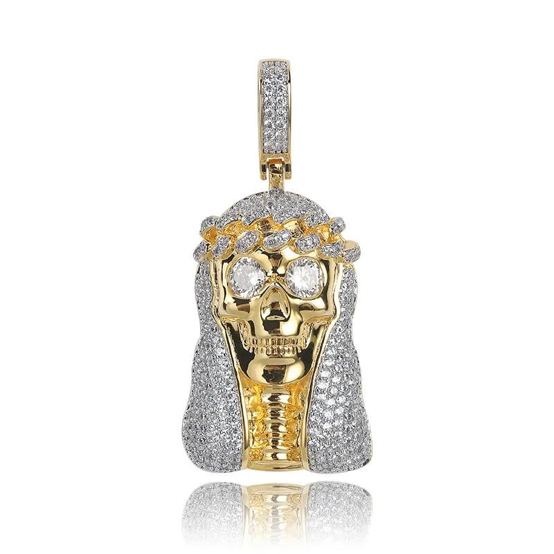 

Hip Hop Micro Paved Cubic Zirconia Bling Iced Out Gold Color Skull Jesus Piece Pendants Necklace for Men Rapper Jewelry