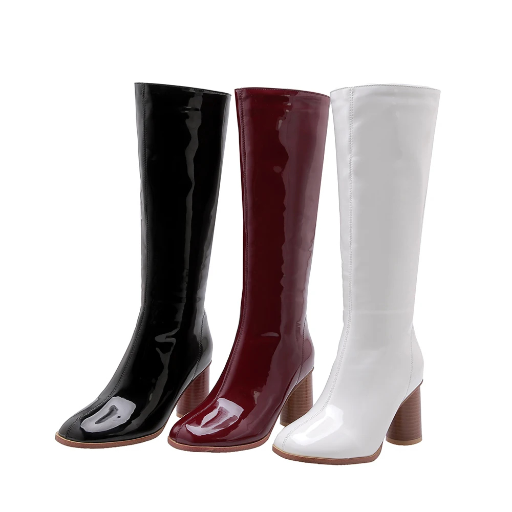 Модные сапоги до колена; женские зимние сапоги из лакированной кожи на высоком квадратном каблуке; Осенняя женская обувь на молнии сзади; цвет черный, белый, винный, красный