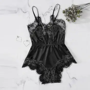 

Women Satin Lace Bra Sexy Lingerie Underpant Siamese Sleepwear Camis Mid-Rise Solid plus size unicornsleepwear Bodysuit Babydoll
