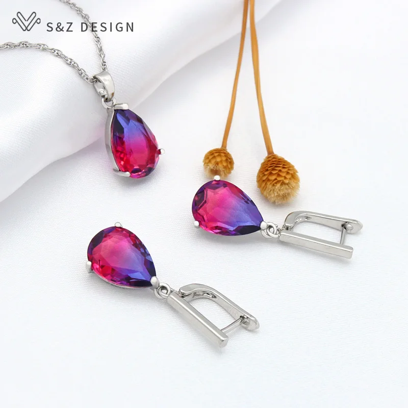 S&Z DESIGN New Fashion Rose Gold Color Water Drop Tourmaline Dangle Earrings Jewelry Sets For Women Party Pendant Necklace Gift