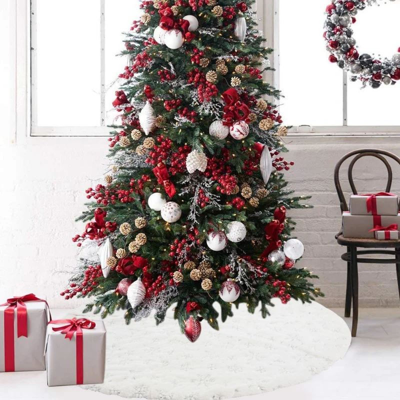 

White Plush Christmas Tree Skirt With Invisible Nylon Clasp Xmas Tree Decorative Mat Holiday Home Decor Supplies