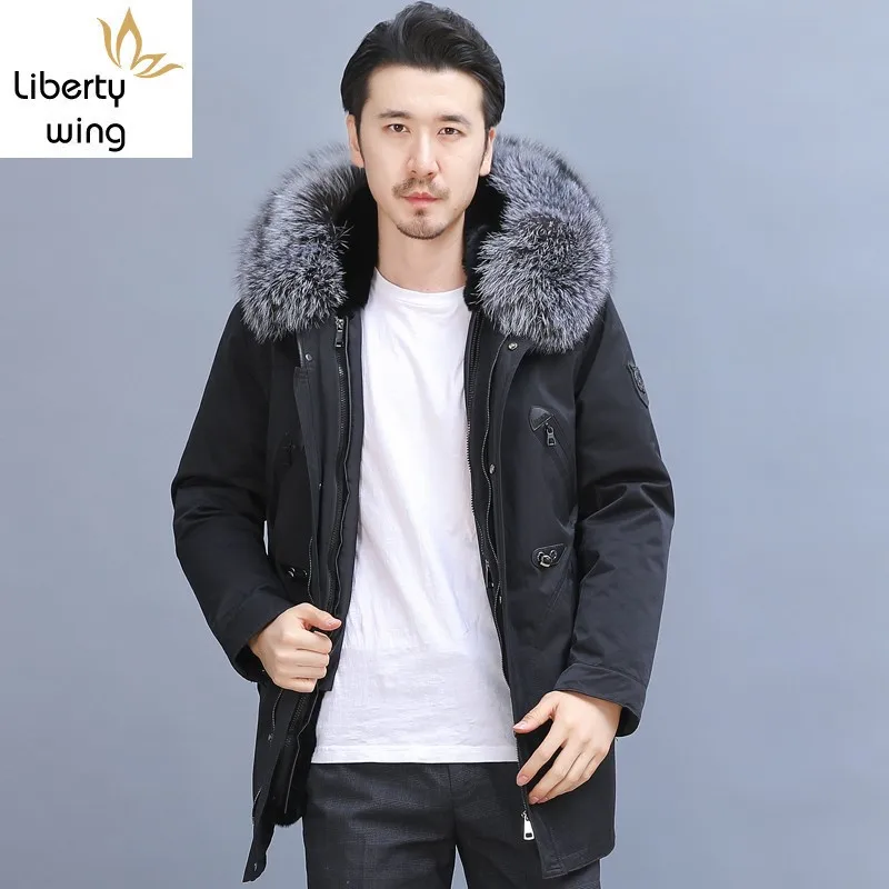 

Winter Fox Collar Mens Natural Rabbit Lining Overcoat Plus Size 5XL Thick Warm Real Fur Coat Military Casual Parkas