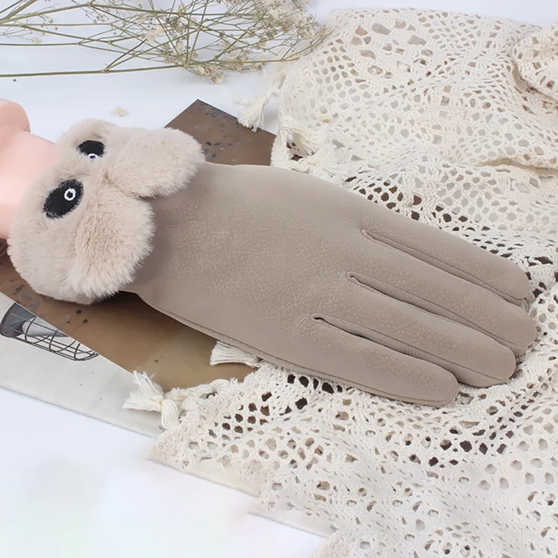 Осенне-зимние женские перчатки плюс бархатные милые меховые варежки с медведем замшевые перчатки с сенсорным экраном женские перчатки с защитой от холода