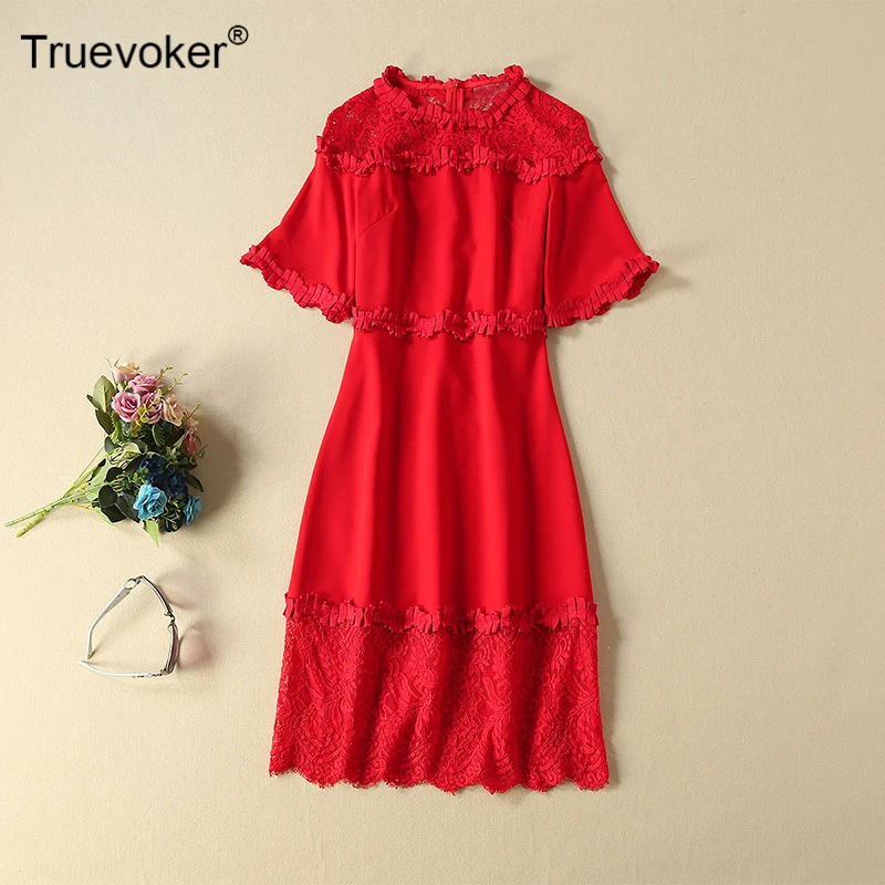 Truevoker Autumn Designer Red Lace Embroidery Dresses Ladies' Short Sleeves Embroidered Crochet Cutout Wedding Party Vestidos