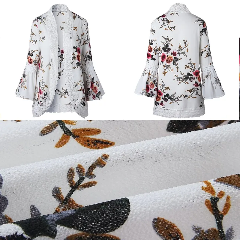Wuhaobo осень Boho Женская куртка с кружевными расклешенными длинными рукавами тонкая Повседневная открытая стежка Топы модная женская одежда рубашка пальто