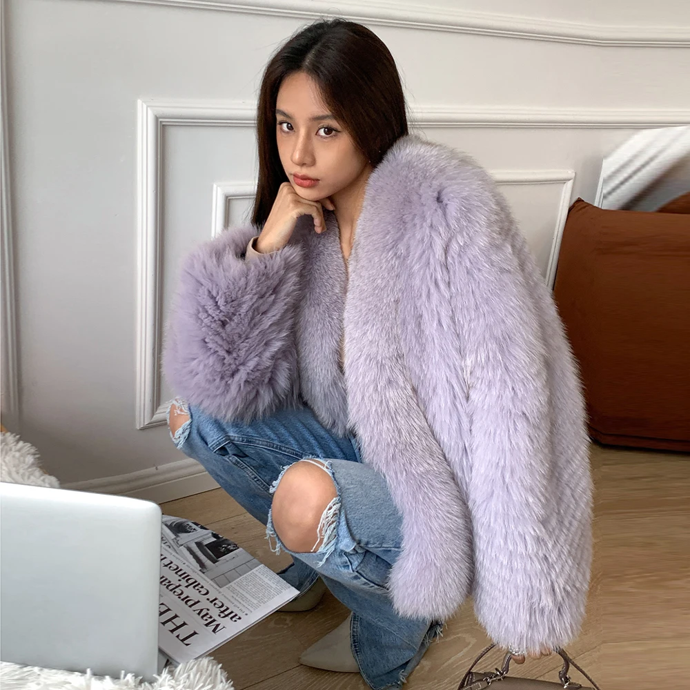 Светильник-фиолетовая куртка из натурального Лисьего меха с V-образным вырезом, модное зимнее женское пальто из натуральной кожи с лисьим мехом, повседневное женское пальто из натурального меха