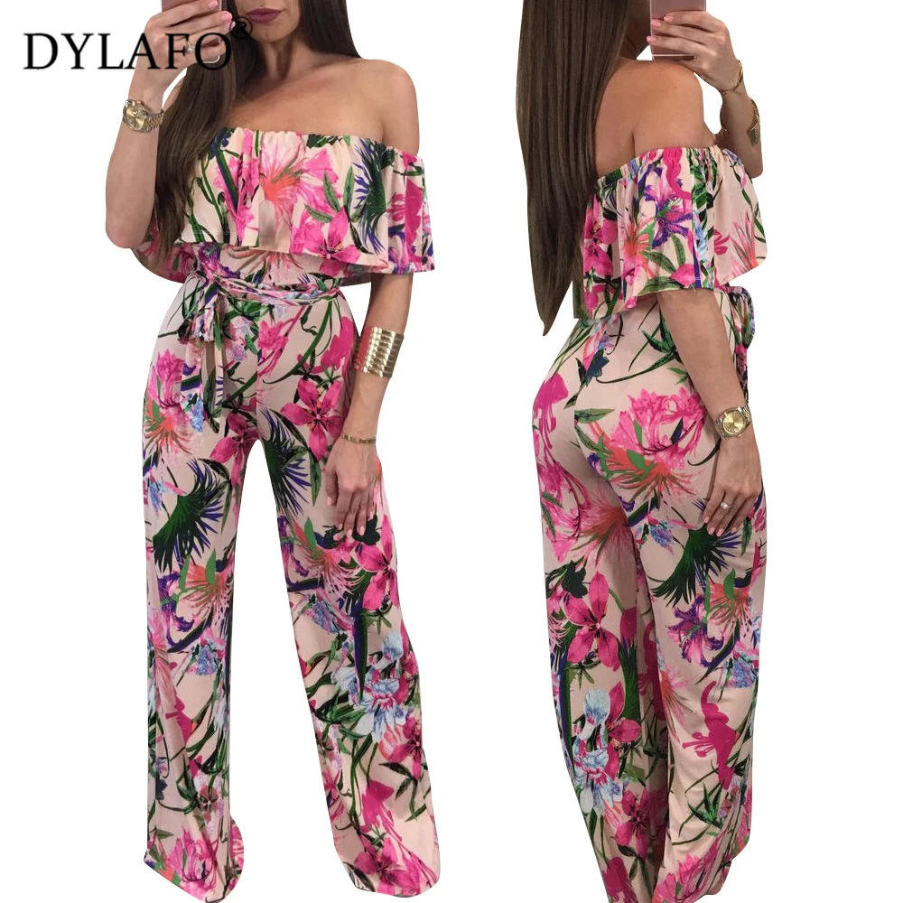 Billig Heißer Verkauf Bohemian Palm Print Lace Up Overalls   Strampler Off Schulter Plus Größe Frauen Overall Sommer Strand Sexy Overall overalls