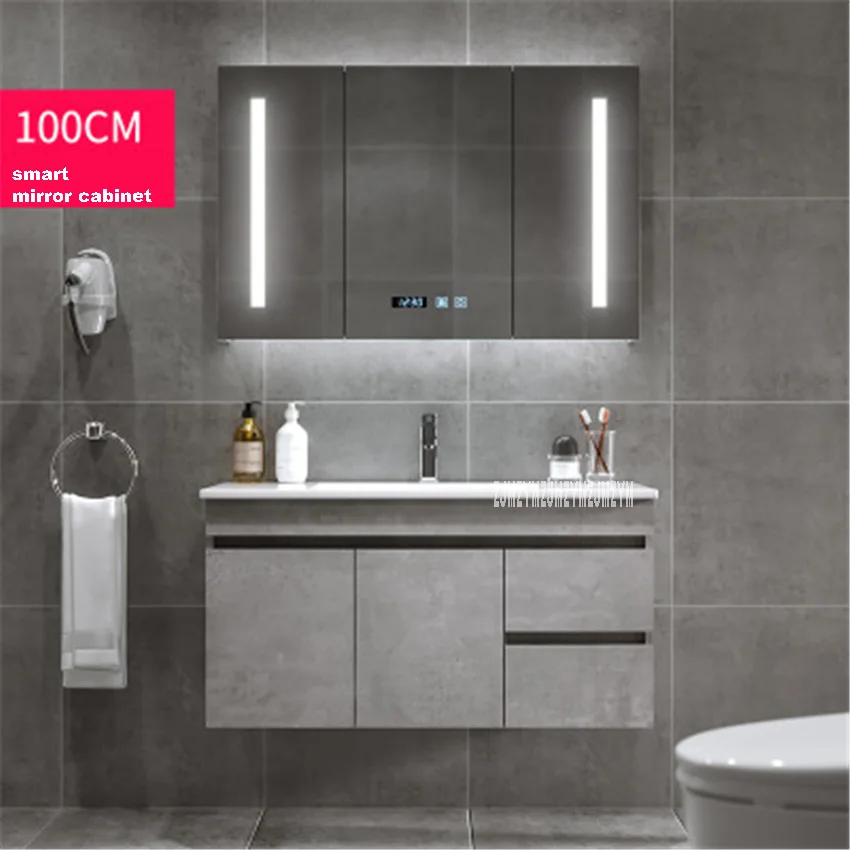 smart mirror cabinet B03 70/80/90/100/120 см Современный Ванная комната Кабинет многофункциональный противотуманные умный зеркальный шкаф твердой древесины настенный шкаф 220V - Цвет: smart mirror cabinet