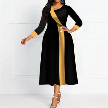 

Blue Ankle Length 3/4 Sleeve Pullover A-line Dress Black Elegant Office OL Lady Empire Party Soliad midi Dress female Prom Dress