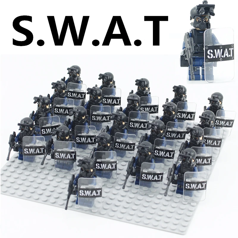 Wholesale 50pcs Military Modern SWAT Figure Police with Shield Weapon Bricks building blocks set Model Toys for Children
