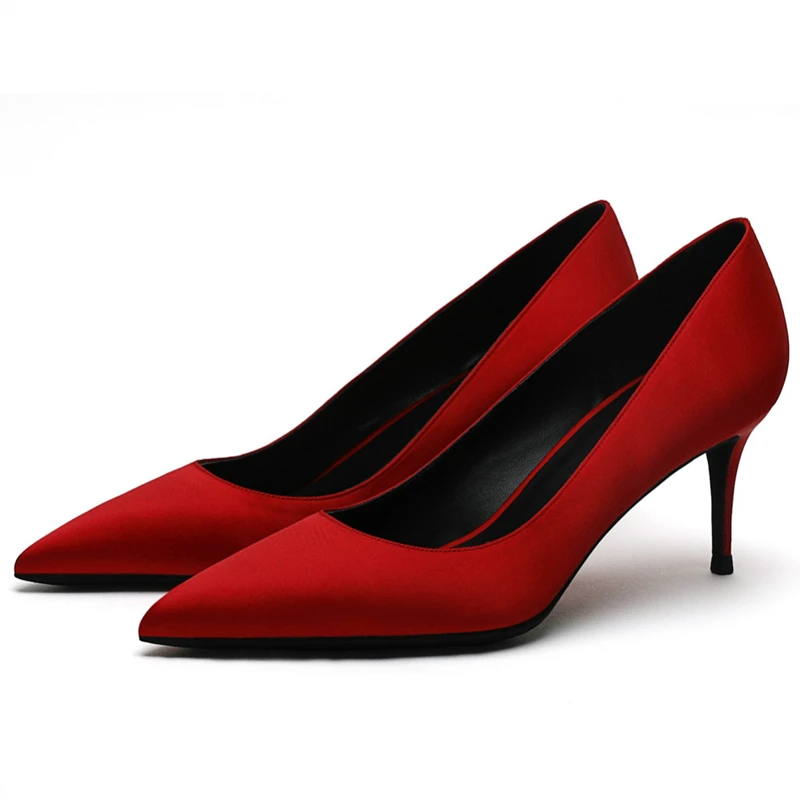 

2020 New Spring Autumn Casual High Heeled Shoes Silk Cloth Thin Heels Pointed Toe Shallow Office Wedding Party Shoes E0019