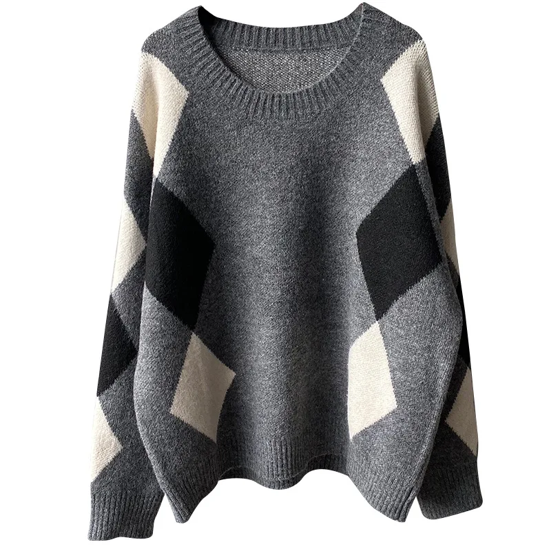 New sweater women autumn and winter Korean version of the sleeve sweater loose lazy wind diamond pattern women sweater top New sweater women autumn and winter Korean version of the sleeve sweater loose lazy wind diamond pattern women sweater top