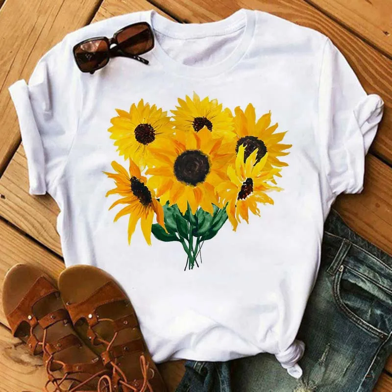 Maycaur Women's T-shirt Casual Kawaii Sunflower Butterfly Pattern Print Tshirt Comfortable Casual Women's Clothing Black Top cheap t shirts Tees