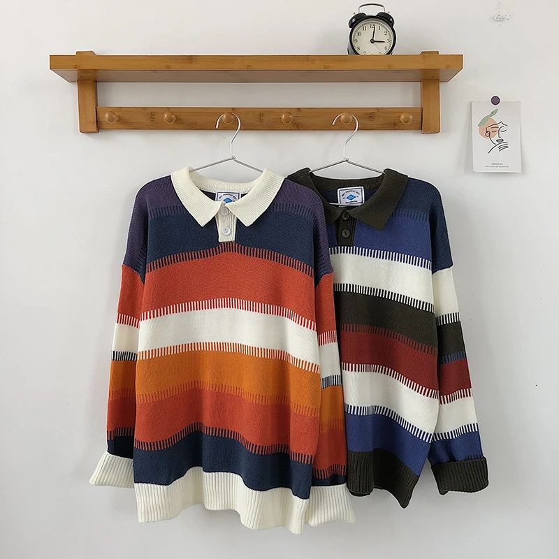 Winter Striped Sweater Men Warm Fashion Contrast Color Casual Lapel Knit Sweater Man Loose Long-sleeved Pullover Men Sweter Winter Striped Sweater Men Warm Fashion Contrast Color Casual Lapel Knit Sweater Man Loose Long-sleeved Pullover Men Sweter