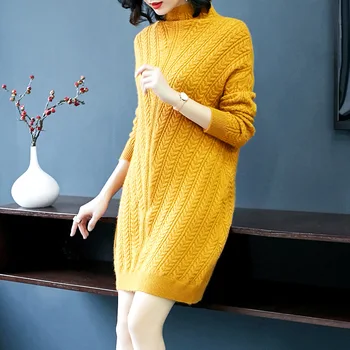 

2020 winter new knit dress high-grade Angora rabbit turtleneck collar long-sleeved thickened primer women sweater dress AGD1439