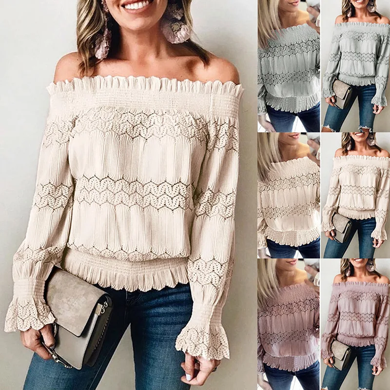 

Lace Long Sleeve Hollow Out Off Shoulder Club Party Sexy Blouse Casual Blouse for Women 2019 Autumn Harajuku Elegant Tops Lady