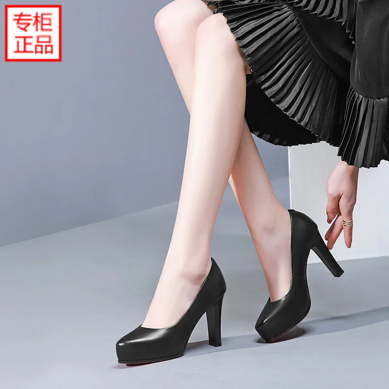 

2019 Spring New Style Chunky-Heel Nude Genuine Leather Versitile Fashion Sexy Women's Waterproof Platform Black Tip High Heels