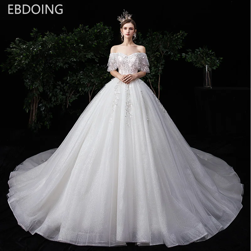 

Luxurious Ball Gown Wedding Dress Lace Sequin Vestidos De Novia Off the shoulder Newest long Plus Size Wedding Gown Bride Dress