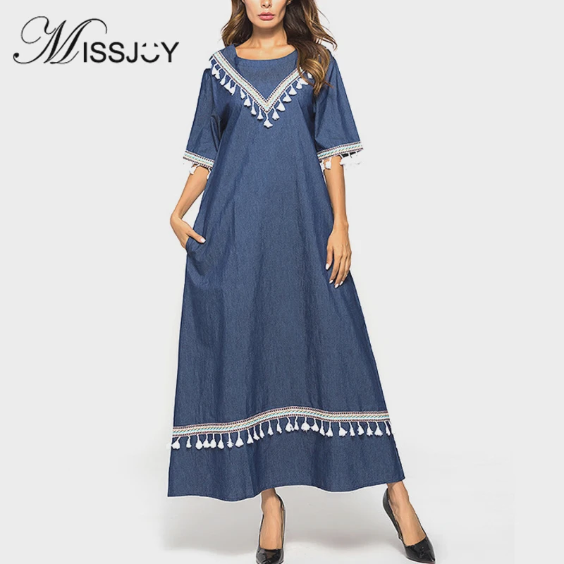 Женское платье с круглым вырезом MISSJOY голубое свободное короткими рукавами в