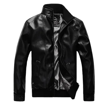 

Moto Biker Pockets Men Faux Leather Jacket Solid Zippers Men Overcoat Slim Stand Motorcycle PU Leather Jacket