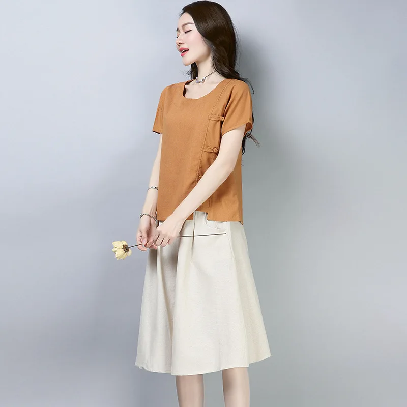 

2018 Summer New Style Cotton Linen Set Retro Slim Fit Fashion Medium-length Two-Piece Skirt