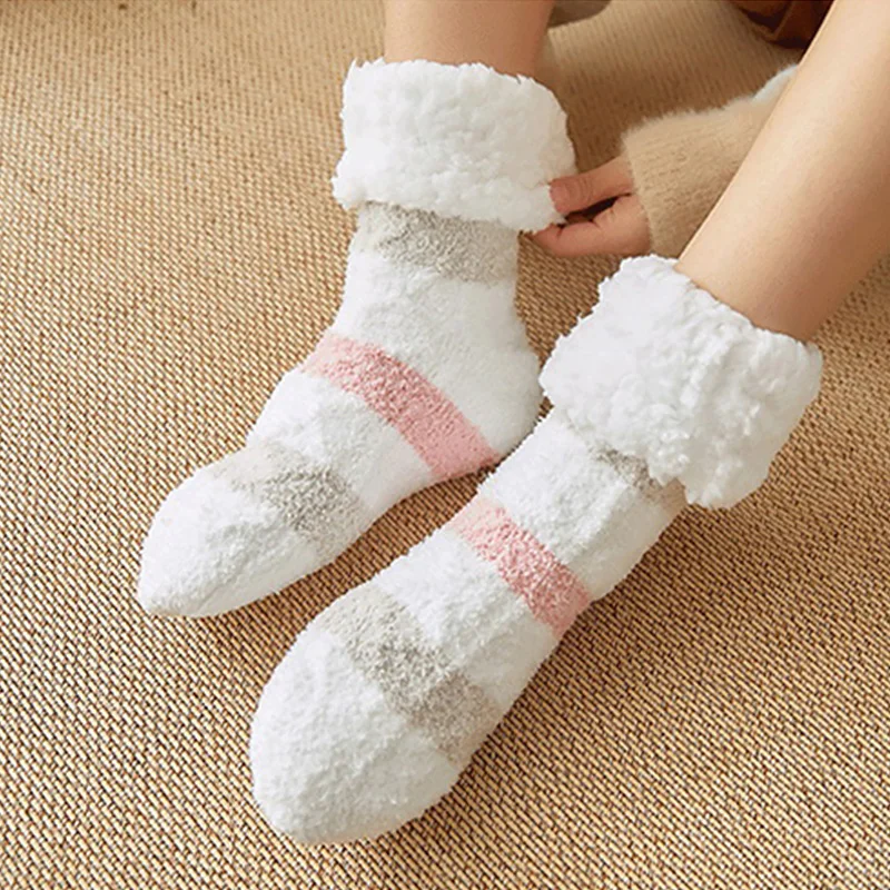 Женские домашние толстые флисовые полосатые носки-тапочки зимние теплые бархатные толстые носки для девочек милые короткие женские носки женские домашние носки