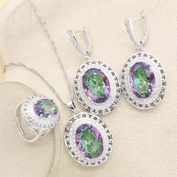

Colorful Rianbow 925 Sterling Silver Jewelry Sets For Women Necklace Earrings Ring Pendant Gift Box