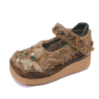 

Sexy Fur LAMBS WOOL High Heels Women Pumps Square Toe Thick Heel Mary Jane Shoes Women Waterproof Platform Zapatos De Mujer 2020