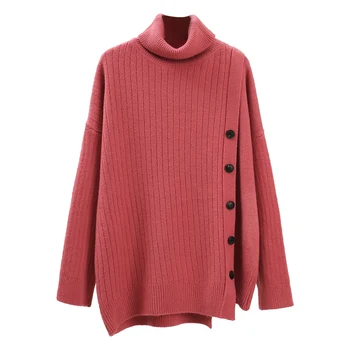 

turtleneck irregular women sweater solid looset button thicken warm lady elegant pulls fashion outwear coat tops