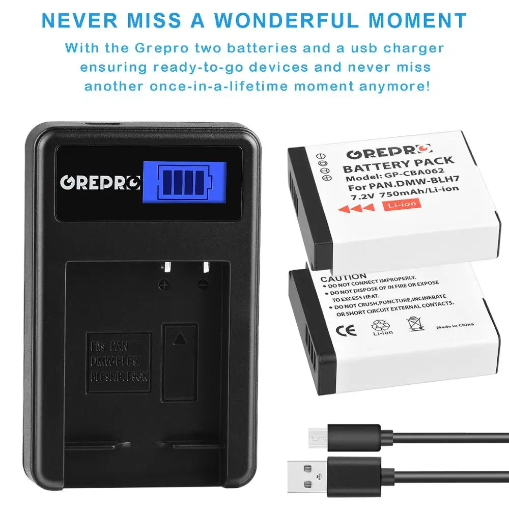 GREPRO 750 мА/ч, ДМВ BLH7 DMW-BLH7 Батарея+ ЖК-дисплей USB Зарядное устройство для цифрового фотоаппарата Panasonic Lumix DMC-GM1 GM1 DMC-GM5 GM5 DMC-GF8 GF8 DMC-GF7 GF7
