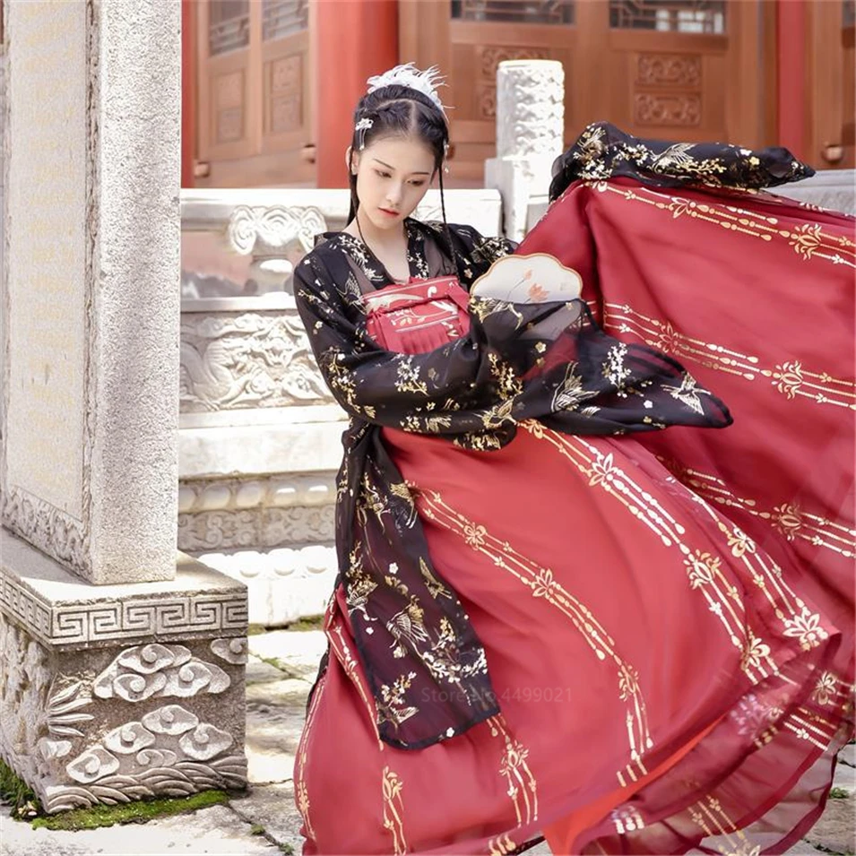 Старинное нарядное традиционное торжественное платье принцессы Hanfu для женщин и девочек; комплект из топа с принтом золотого журавля и красной юбки в стиле ретро для народных танцев