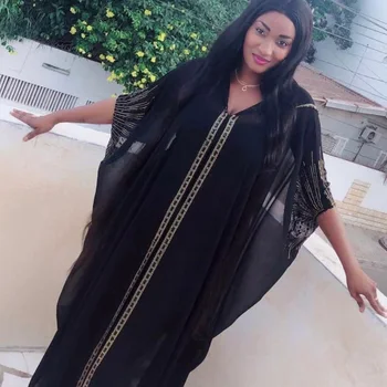 

African Dresses For Women Beading Robes Long Maxi Dresses Fashion Plus Size Chiffon Dress Hooded Black Abaya Batwing Vestidos