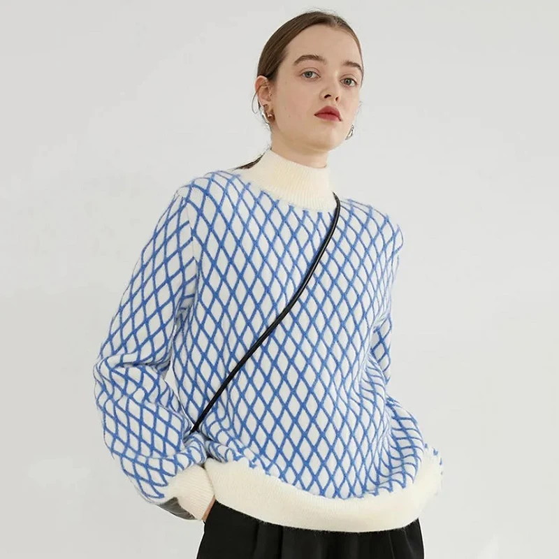 

2021 Winter Korean style Argyle Women Sweater Chic Long Puff Sleeve O Neck Ladies Knit Pullover Casual INS Female Clothing Tops