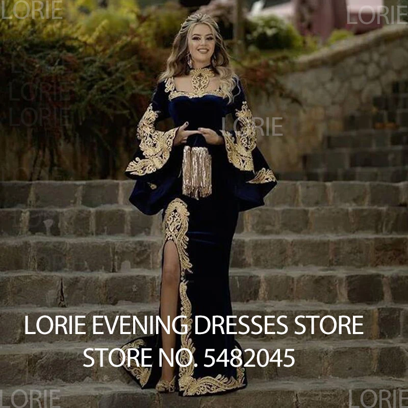 LORIE Moroccan Caftan Evening Dress 3 Pieces Remove Skirt Appliques Gold Lace Long Sleeve Mermaid Velvet Prom Celebrity Gowns