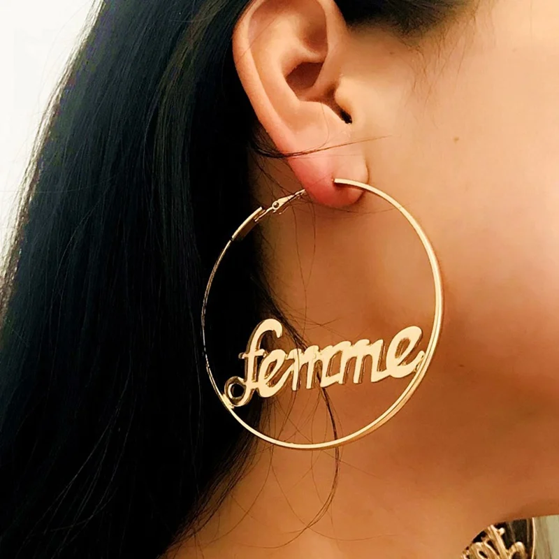 

Punk Hyperbole Big Circle With Baby Femme Letter Personality Hoop Earrings Women Fashion Jewelry Oorbellen Female
