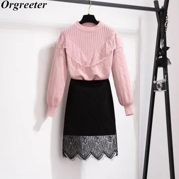 

New Arrival Fall Winter Fashion O-neck Loose Lace Ruffles Trim Hollow Sweater and Pencil Skirts Two piece Student Set Female