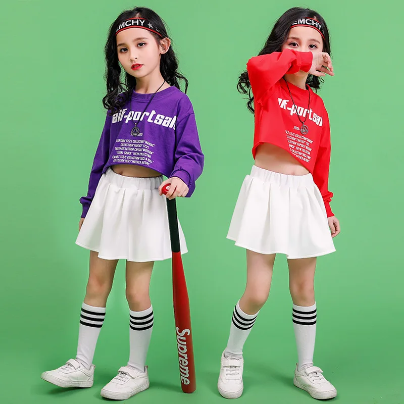 

Детский костюм в стиле хип-хоп для девочек, костюмы для чарлидинга, костюмы для джазовых танцев, топы с длинным рукавом и надписью, юбка, костюм, сценический костюм