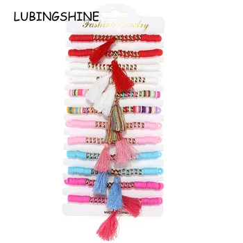 

Boho 12pcs/lot Women Tassel Charms Beaded Bracelet Set Braided Elastic Couples Handmade Soft Clay Anklet Beach Jewelry Gift