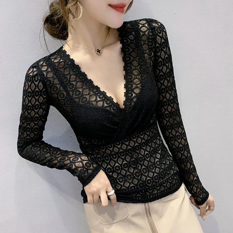 

#5523 Spring Summer Lace T Shirt Women Sexy Elastic See Through T Shirt Long Sleeved V Neck Tight T Shirts Female Hollow Out