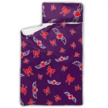 

Red Heart With Wings And Bows On Purple Nap Mat with Pillow for Toddler Boys and Girls Ideal for Daycare and Preschool