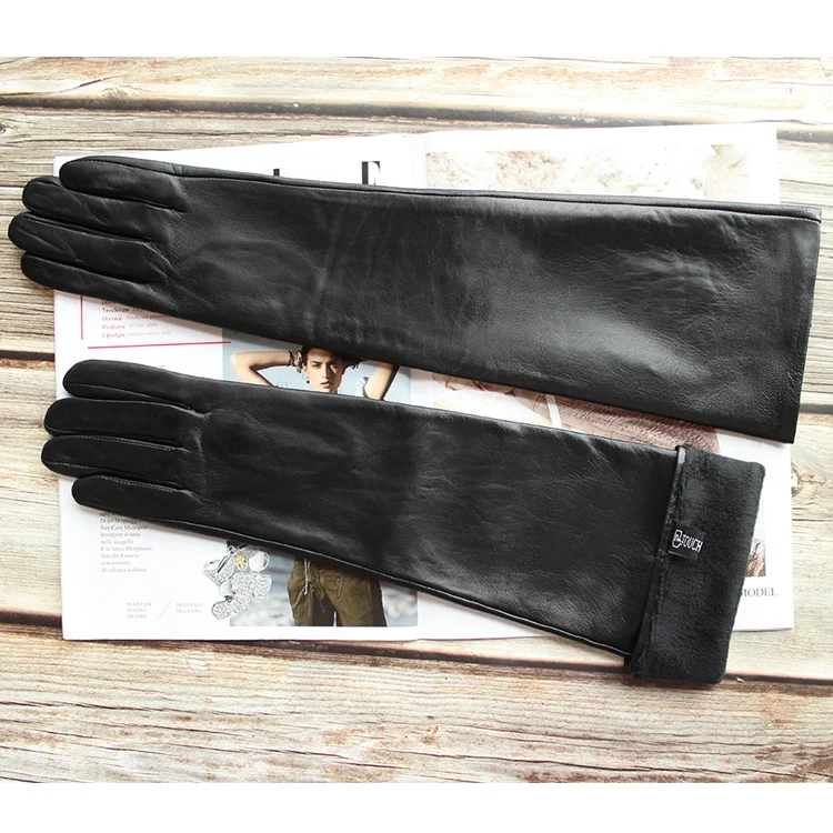 New Women's Super Long Leather Gloves Over Elbow Fashion Black Imported Sheepskin High Quality Mink Leather Touch Screen Gloves