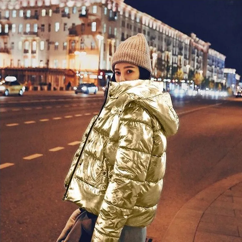 astounding  2019 Winter Fashion Jackets Women Newest All-match Bright Silver Jackets with Hat Harajuku Short Le