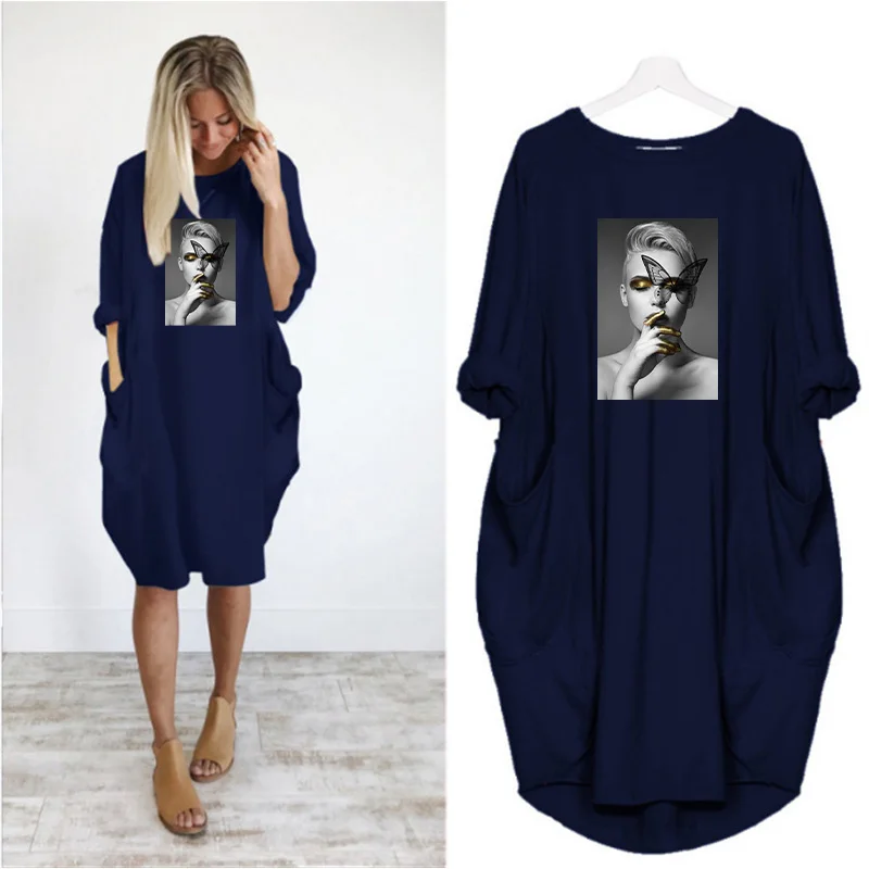 Plus Size Nordic Art Dress Butterfly Girl Cool Women Midi Dresses O-Neck Autumn Thin Long Sleeve Pockets Loose Party Vestidos