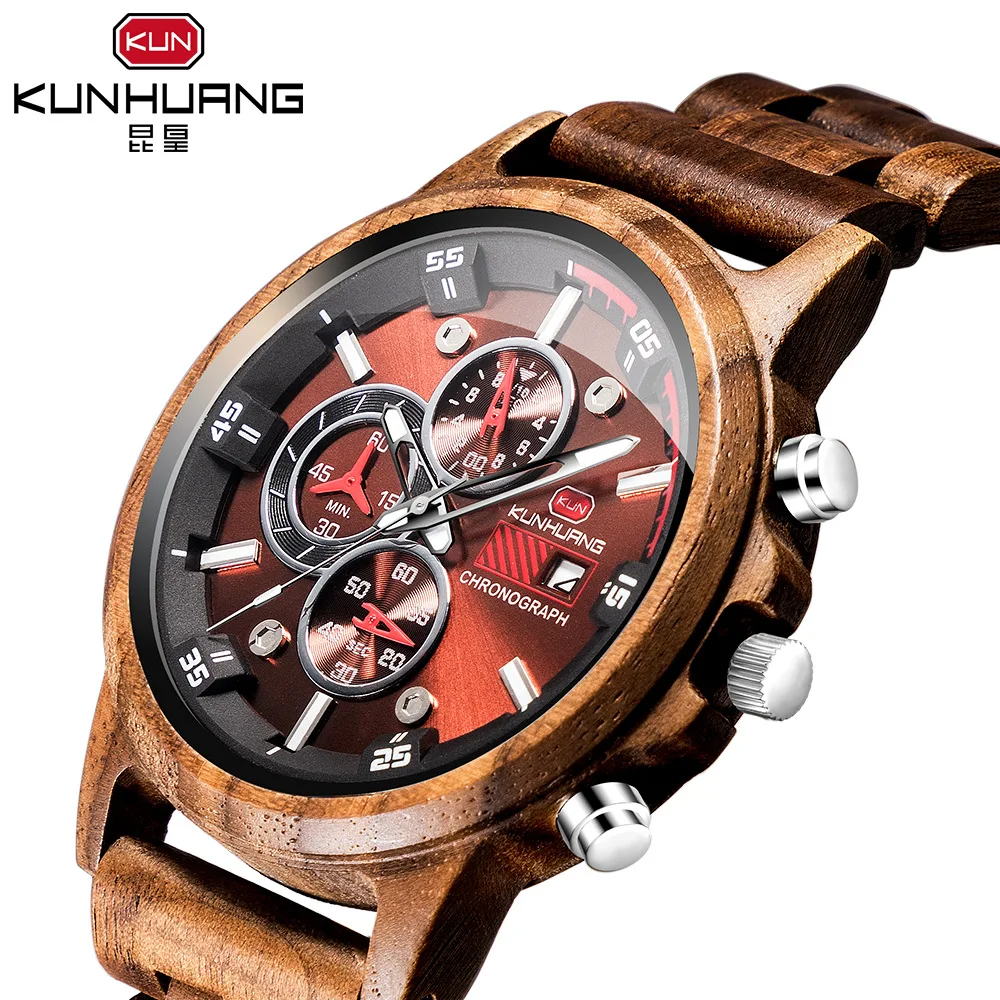

Wooden Watch Date Display Casual Men Luxury Wood Chronograph Sport Outdoor Military Quartz Watches in Wood relogio masculino