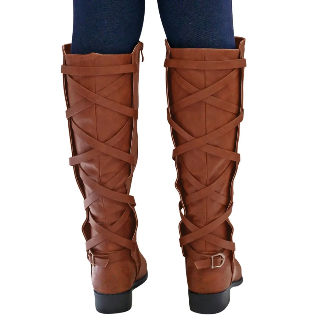 Модные зимние сапоги с перекрестной шнуровкой женские высокие сапоги до колена водонепроницаемые мотоботы из искусственной кожи в стиле ретро Женская Обувь
