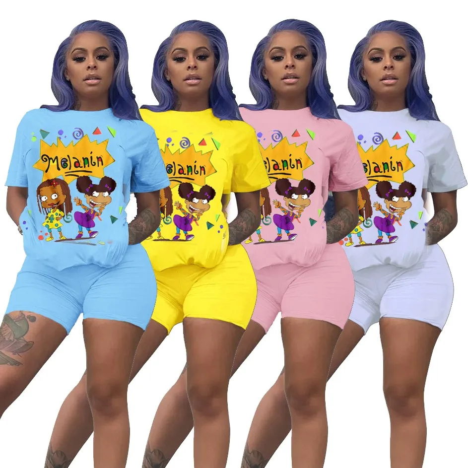 

Fitness Biker Shorts Set Lounge Set Tracksuit Women Summer Clothes Two Piece Set Cartoon Print Crop Top Jogging Femme 2020